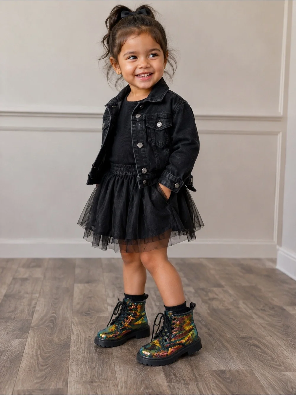 • Lola and the Boys • Girls Sparkly Sequin Combat Boots Black and Gold 8